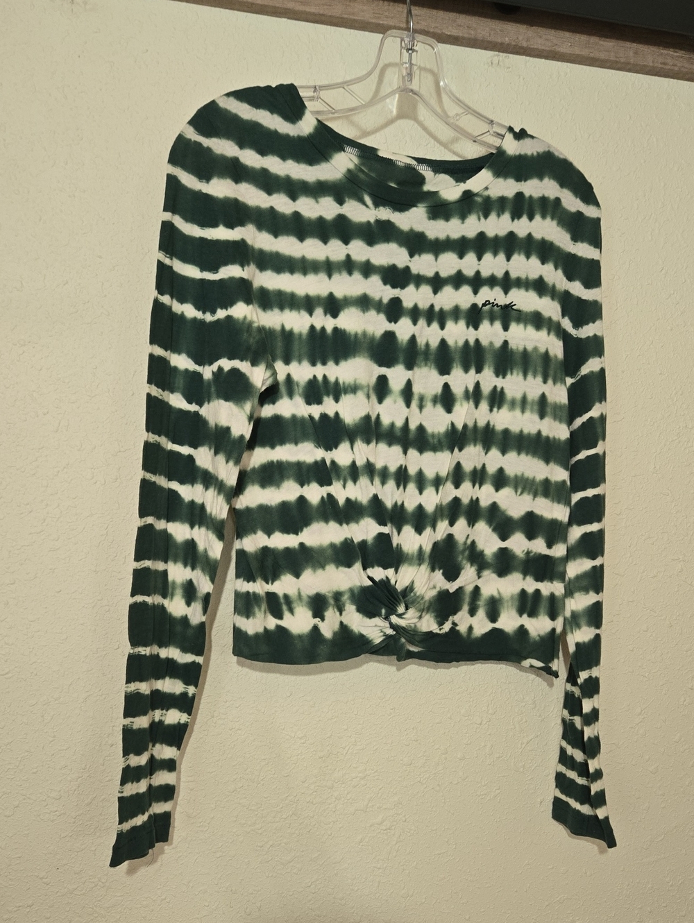 Pre-loved PINK Victoria's Secret Green & White Tie-Dye Long Sleeve Knot Top